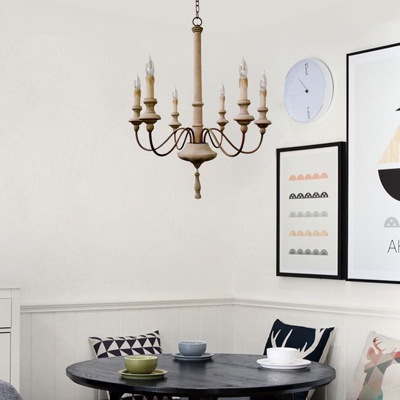 Éclairage de lustre Sputnik Retro Wood-White 6 ampoules suspendues plafond avec bras incurvé