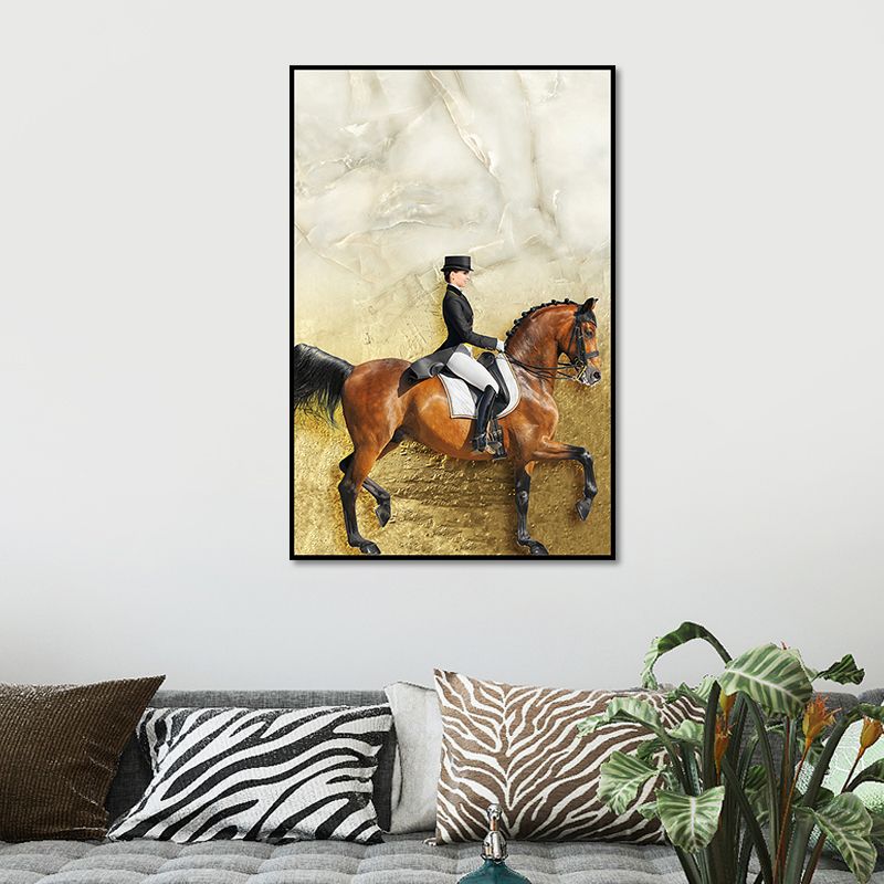 Lady Riding Horse Painting Art Print Vintage Canvas Wall Decor in Brown and Black