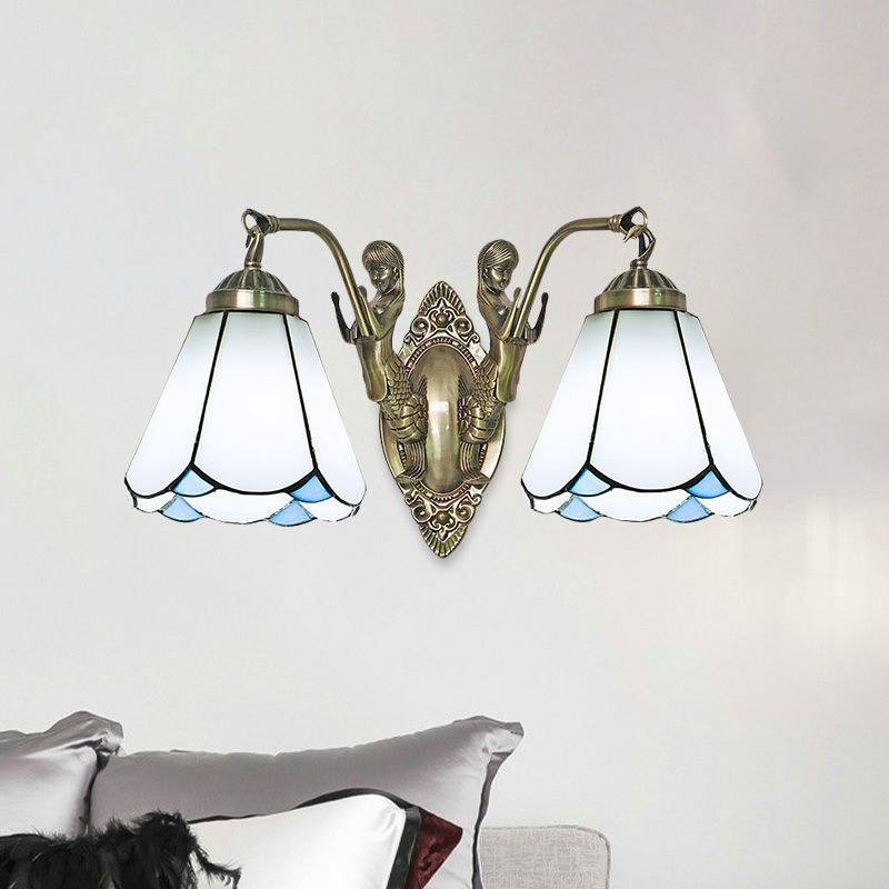 Mission Conic Wall Mount Lamp 2 Heads White/Beige Glass Sconce Light Fixture with Double Mermaid Arm