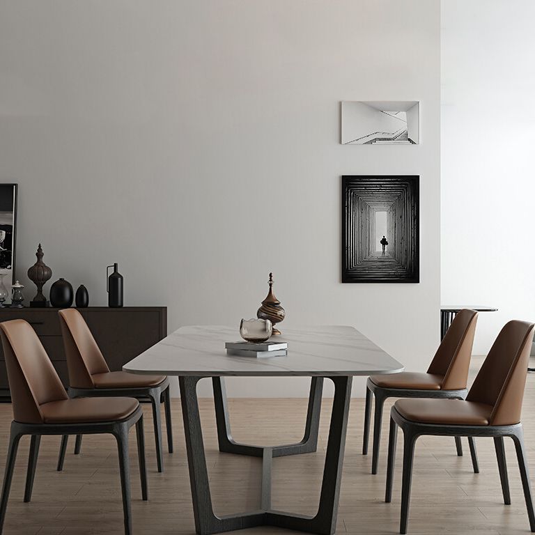 Rectangle Trestle Base Industrial Table White Fixed Table with Sintered Stone
