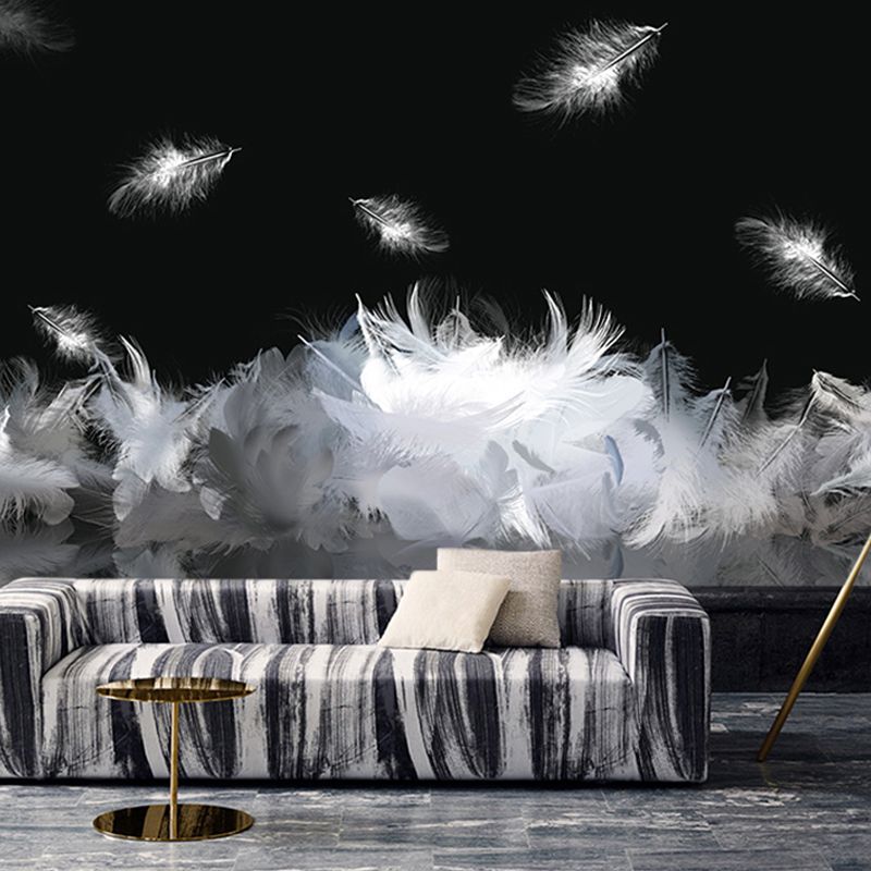 Full Illustration Scandinavian Wall Covering for Accent Wall with Swirling Feather Design in Black and White
