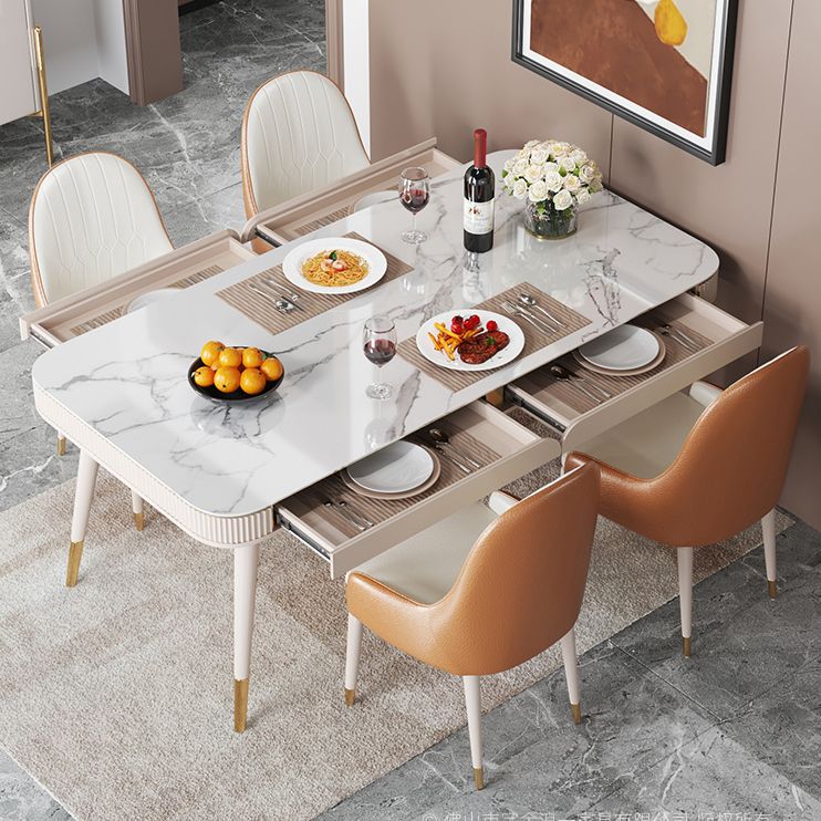 Glam White Kitchen Dining Table Sintered Stone Rectangle Dining Table with 4 Legs
