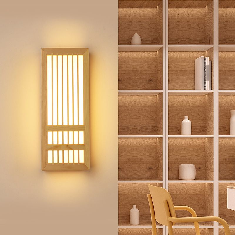 Japanese Style Wood Wall Light Cuboid LED Wall Sconce in Yellow for Bedroom