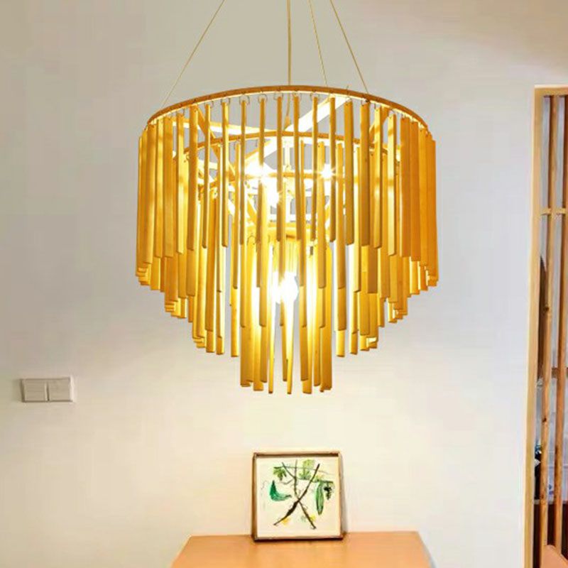 Tiered Chandelier Pendant Light Contemporary Bamboo 4 Heads Yellow Hanging Lighting for Restaurant