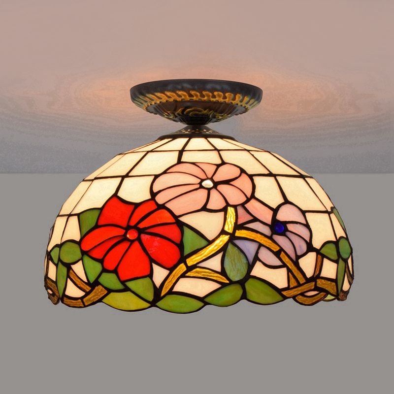 Tiffany pivoine encastré 1 ampoule verre coloré bronze lampe d'éclairage près du plafond, 12 "/ 16" de large