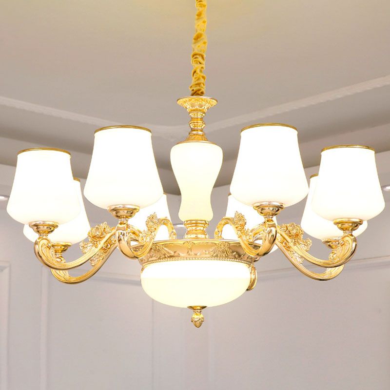 Colgante cónico colgante simple accesorio de iluminación de lámpara de oro de vidrio blanco con brazo desplazado