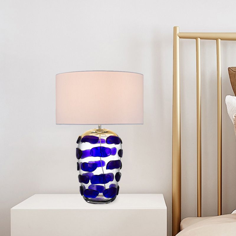 Yellow/Blue Jar Nightstand Light Modern 1 Bulb Clear Glass Desk Lamp with Drum Black/White Fabric Shade