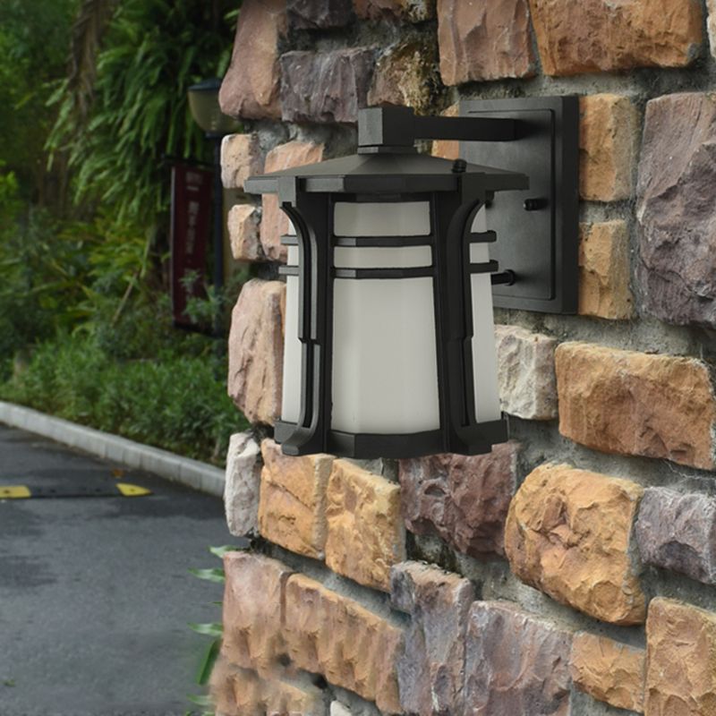 Bronze/Black Lantern Wall Light Lodge Opal Frosted Glass Single Bulb Outdoor Wall Lighting Fixture
