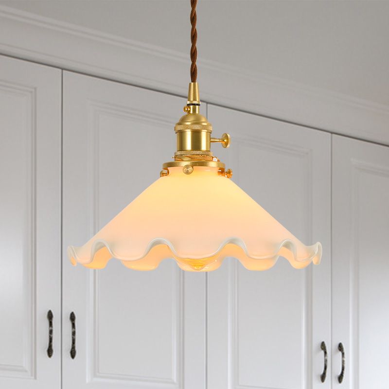 Conical Frosted White Glass Drop Pendant Pastoral 1-Light Bedroom Ceiling Lamp with Ruffle Edge