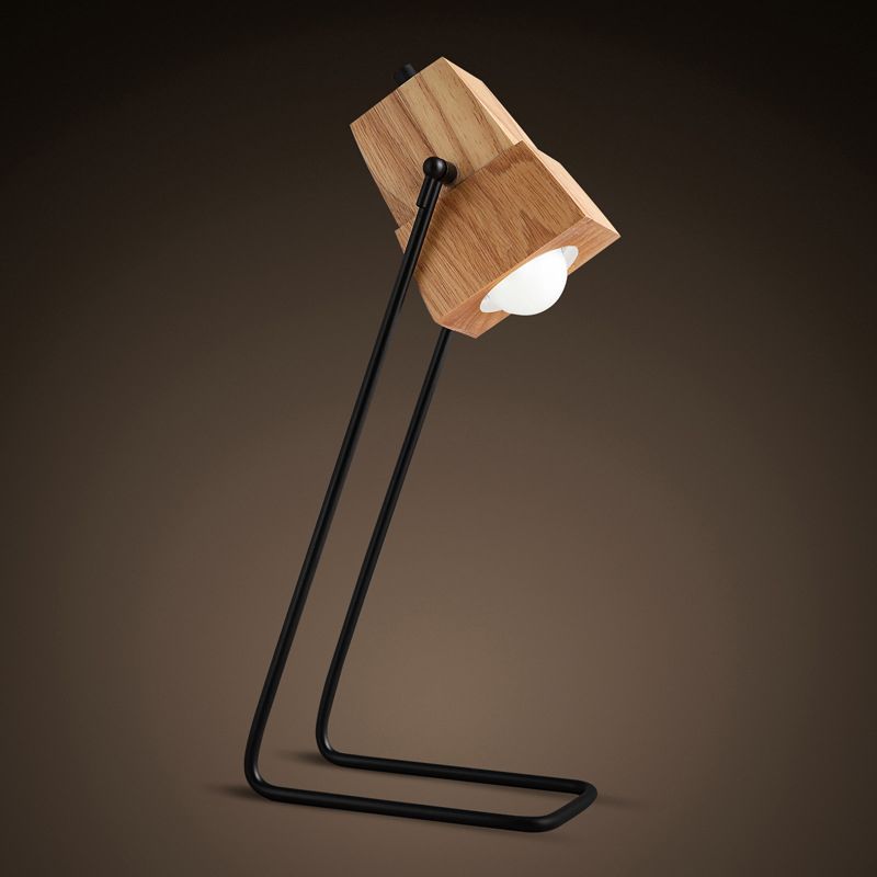 Wood Bell Shape Task Lamp Modern 1-Light Beige Reading Book Light with Black Slim Arm