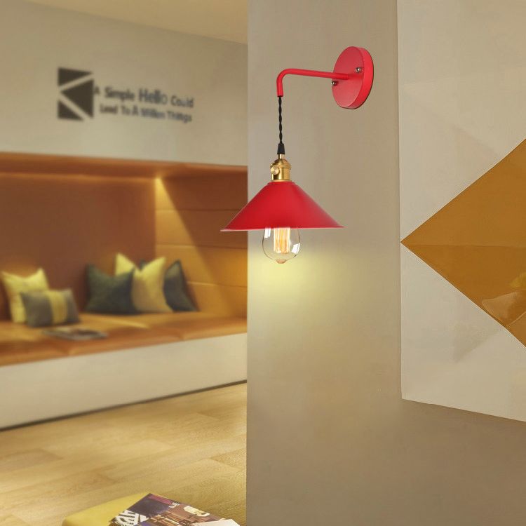 1-Lights Macaroon Style Simplicity Wall Lamp Metal Cone Shade Bedroom Sconce Light with Brass Rotary Switch