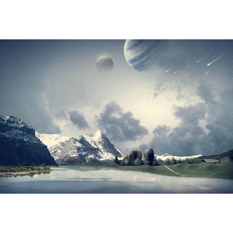 Large Tranquil Lake Landscape Mural Futuristic Dreamy Planets Wall Decor in Aqua