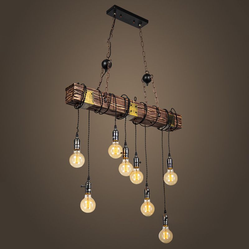 8-Light Wooden Island Pendant Light in Industrial Vintage Style Wrought Iron Ceiling Light for Commercial Place