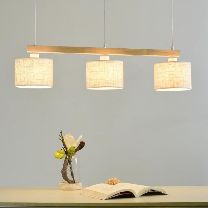 Simple Style 3 Heads Flaxen Square/Drum Island Pendant Light with Fabric Shade for Dining Room