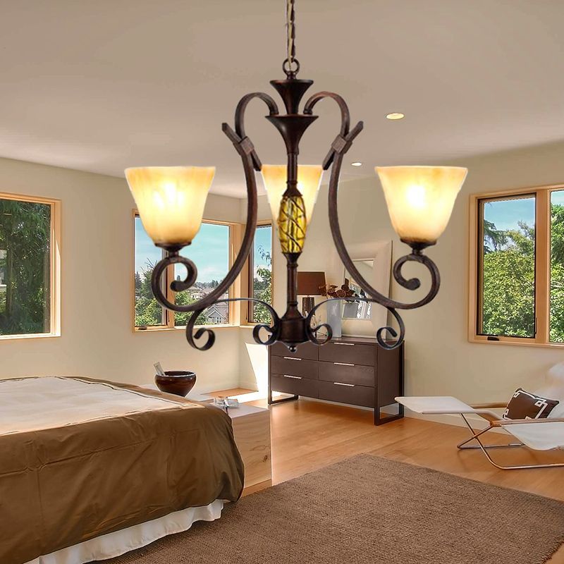 Bell Beige Frosted Glass Chandelier Light Traditional 3 Lights Dining Room Pendant Lighting in Rust