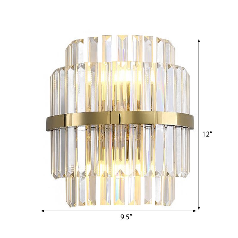 Clear Crystal Cylinder Wall Lighting Contemporary Style 2 Bulbs Wall Lamp in Brass for Bedroom