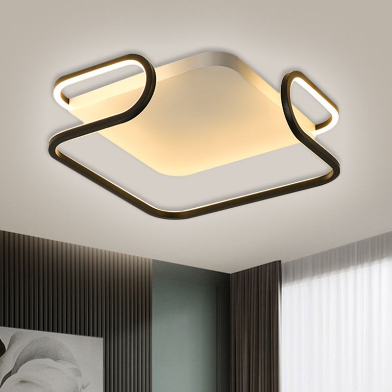 Metal Square Flush Mount Fixture Modern 16"/19.5" Width LED Black Ceiling Lighting in Warm/White Light for Bedroom