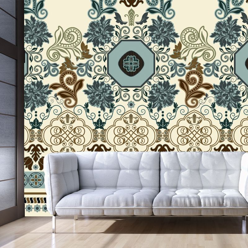 Blue-Brown Floral Wallpaper Murals Moisture Resistant Boho Bedroom Wall Covering