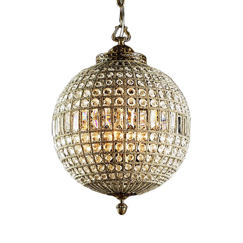 Traditional Orb Hanging Lamp 3 Bulbs Crystal Chandelier Light Fixture in Brass for Living Room