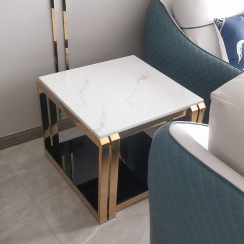 Square Stainless Steel Block End Table Modern Marble Top Corner Table Storage Side Table
