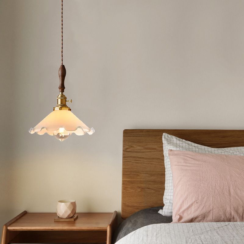 Farmhouse Scalloped Pendant Lamp 1 Light White Glass Hanging Light Fixture in Brass