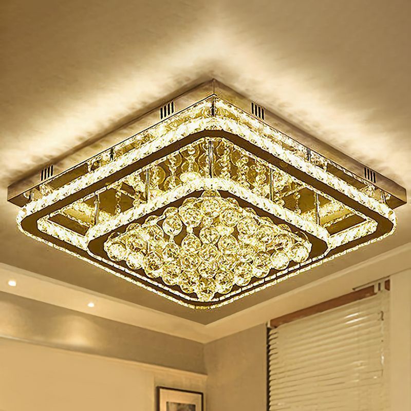 Stainless-Steel Rectangular Flush Ceiling Light Contemporary Crystal LED Flush Mount Lighting Fixture
