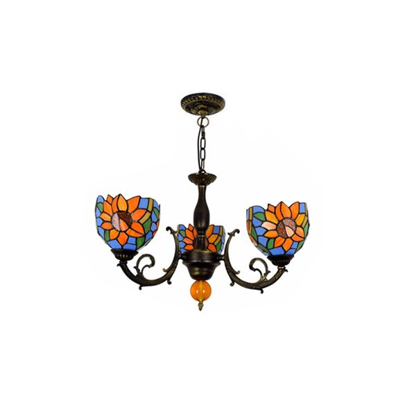 Colorful Bowl Chandelier Light with Flower/Rose/Sunflower/Yellow Flower Pattern Retro Style Stained Glass 3 Bulbs Inverted Chandelier in Brass