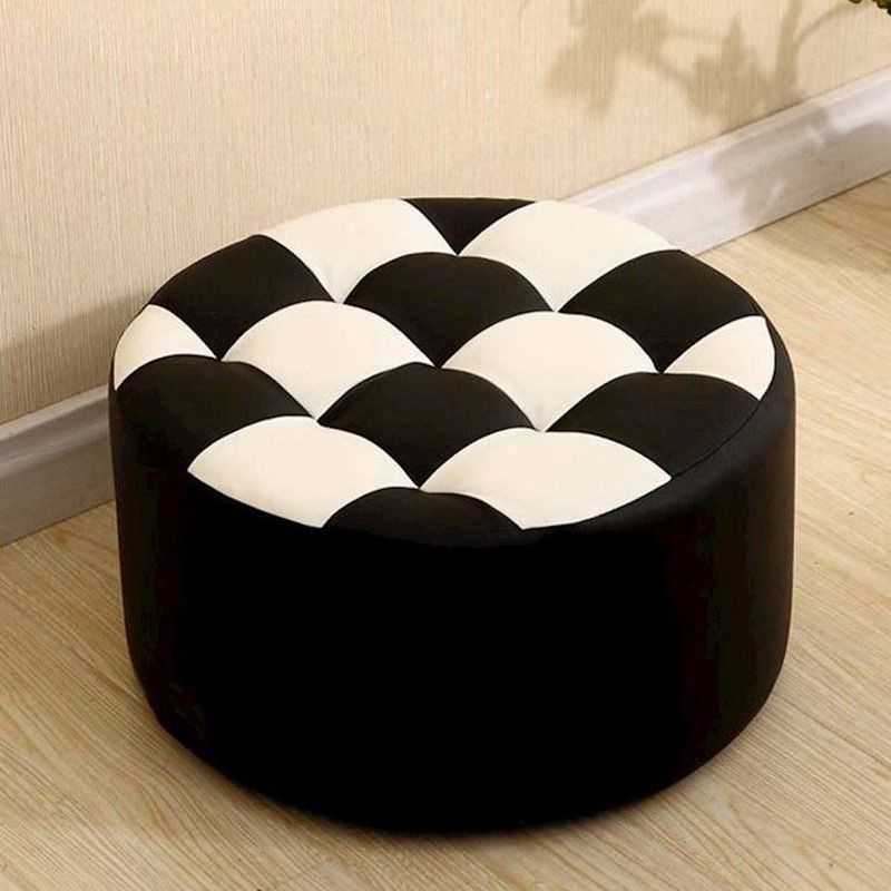 Modern Stain Resistant Standard Round Check Pattern Leather Pouf for Drawing Room