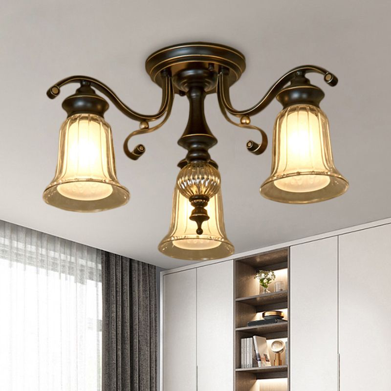 3/6 Bulbs Ceiling Fixture Cottage Dual Bell Clear and Opal Glass Semi Flush Mount in Black