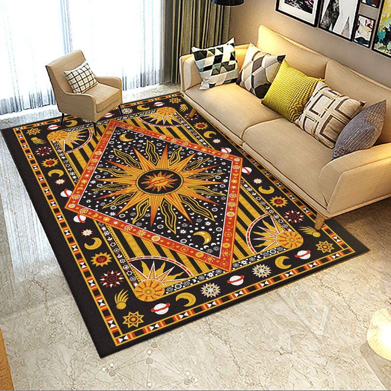 Tribal Southwestern Rug in Black and Yellow Sun Moon Diamond Pattern Rug Polyester Washable Carpet for Home Decoration