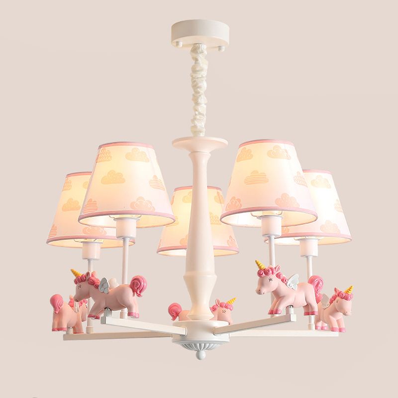 Patterned Fabric Tapered Chandelier Pendant Light Cartoon Pink Hanging Light with Unicorn Decor