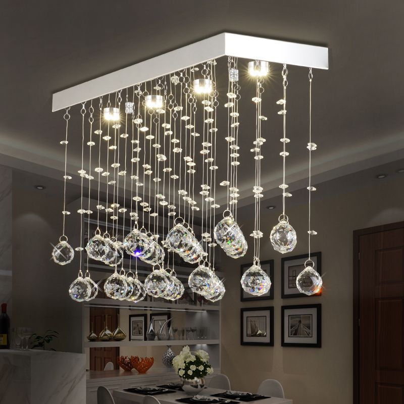 Rectangular Flush Mount Light Modern Faceted Crystal Ball 4 Lights Silver Ceiling Light for Dining Room, 23.5"/31.5"/39" Wide