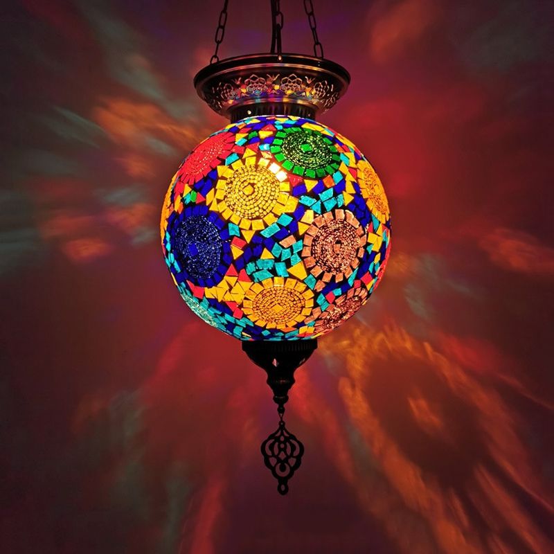 Globe Restaurant Pendant Light Kit Traditional Hand Rolled Art Glass 1 Head White/Red/Yellow Suspension Light