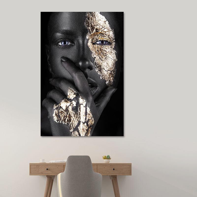 Black-Gold Woman Face Canvas Print Figure Glam Textured Surface Wall Art Decor for Room
