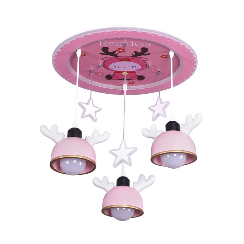 Cartoon Deer Resin Flush Mount Lamp 3 Bulbs Ceiling Lighting with Hanging Bowl Lampshade in Pink/Blue
