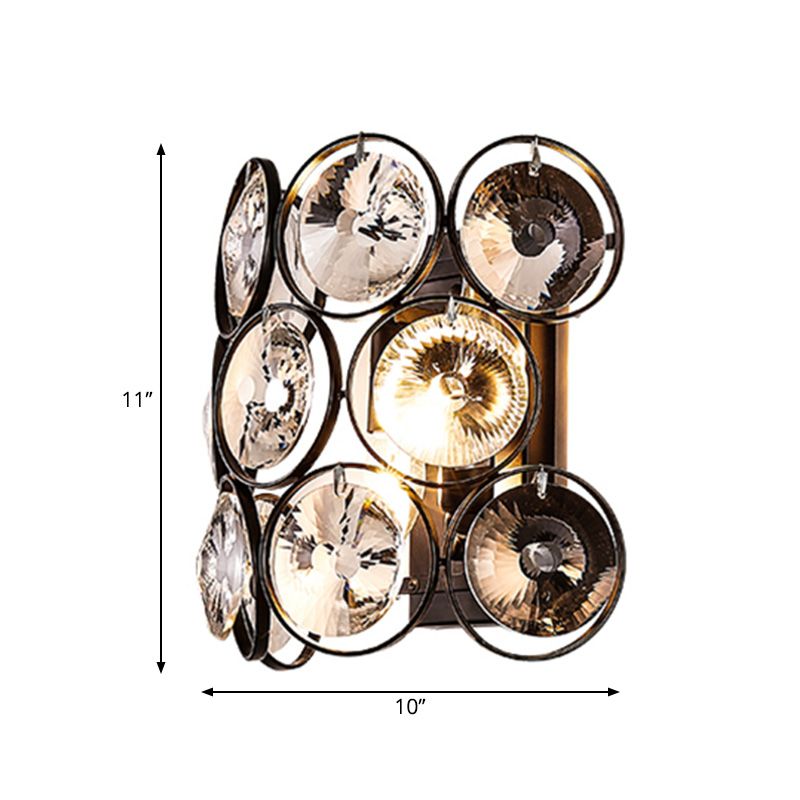 Circles Wall Mount Light Modern Style Clear Crystal and Metal 2 Bulbs Bedroom Wall Sconce in Black