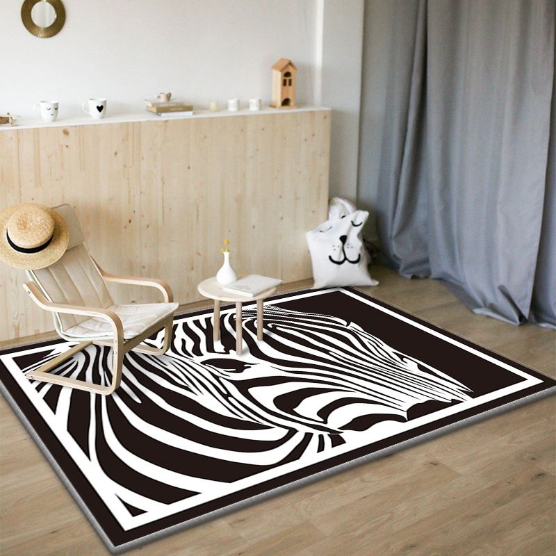 Black Modern Rug Polyester Zebra Rug Non-Slip Backing Rug for Drawing Room