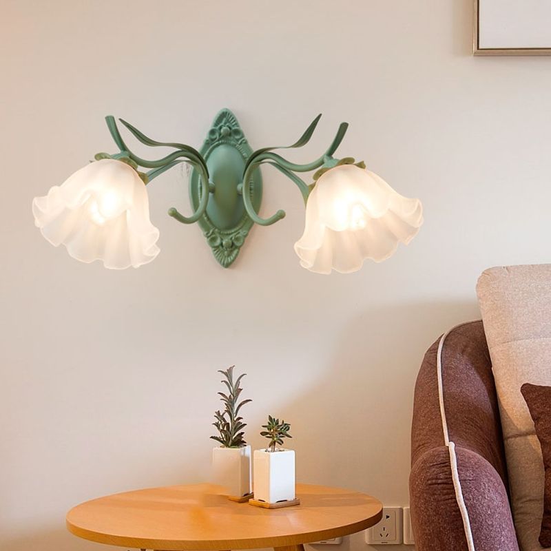 Iron and Glass Wall Light Fixture in Green & White 1 / 2 - Light Wall Sconce