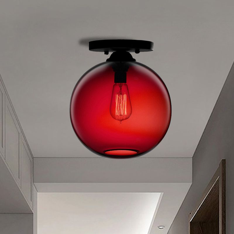 Globe Shade Semi Flush Dining Room Red/Brown/Blue Glass Industrial Style 1/2 Light Black Ceiling Lighting