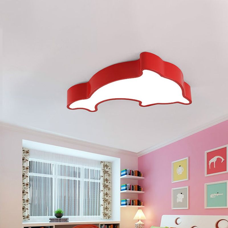Dolphin Nursery LED Ceiling Lamp Acrylic Cartoon Flush Mount Light Fixture in Red/Yellow/Blue, 19.5"/23.5" Width