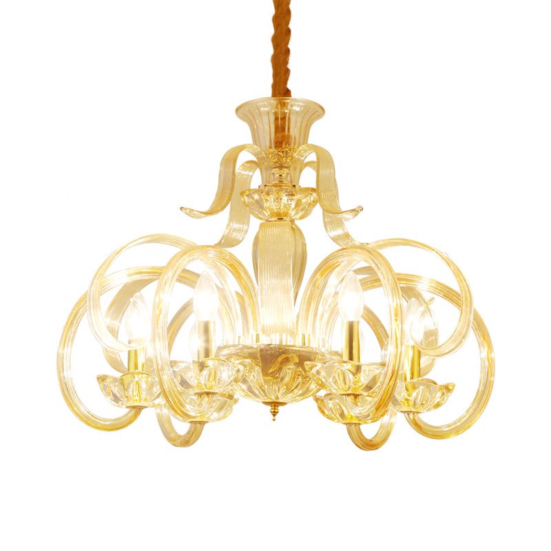 Amber Glass Candle Chandelier Light Traditional 6-Bulb Living Room Hanging Lamp with Curved Arm