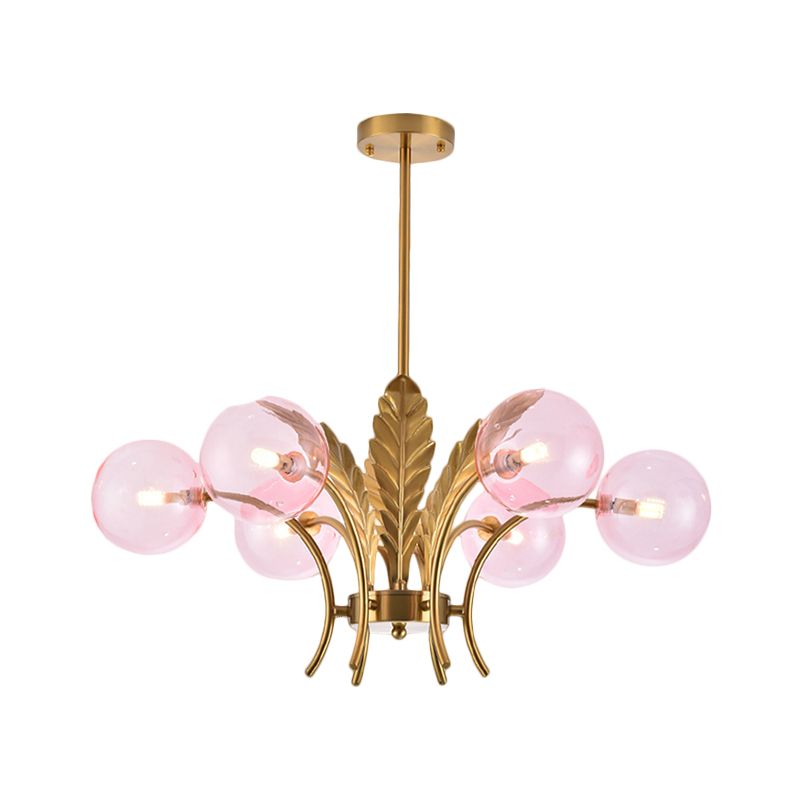 Bol plafondlamp eenvoud wit/roze/cognac glas 6-bulb salon led hangende kroonluchter met bladdecoratie