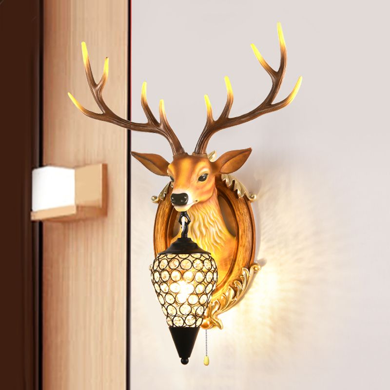 16"/18.5" W Rustic Droplet Sconce Lamp 1 Bulb Crystal Wall Mounted Light in Silver/White/Wood with Deer Resin Backplate