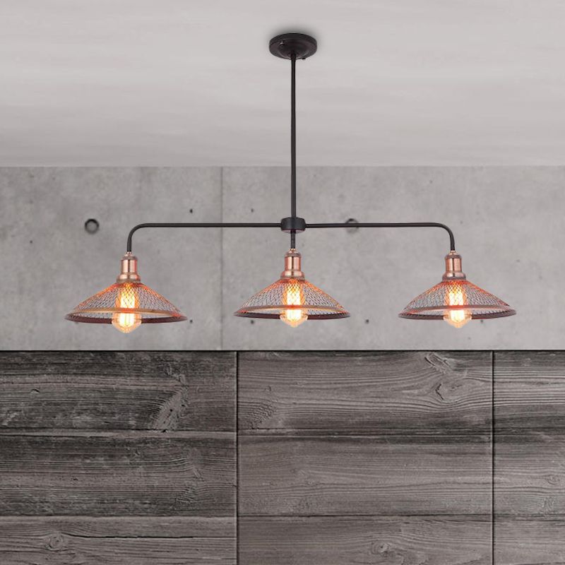 3 Heads Cage Flared Island Lighting with Mesh Screen Industrial Copper/Aged Bronze Metal Island Pendant Light for Dining Room