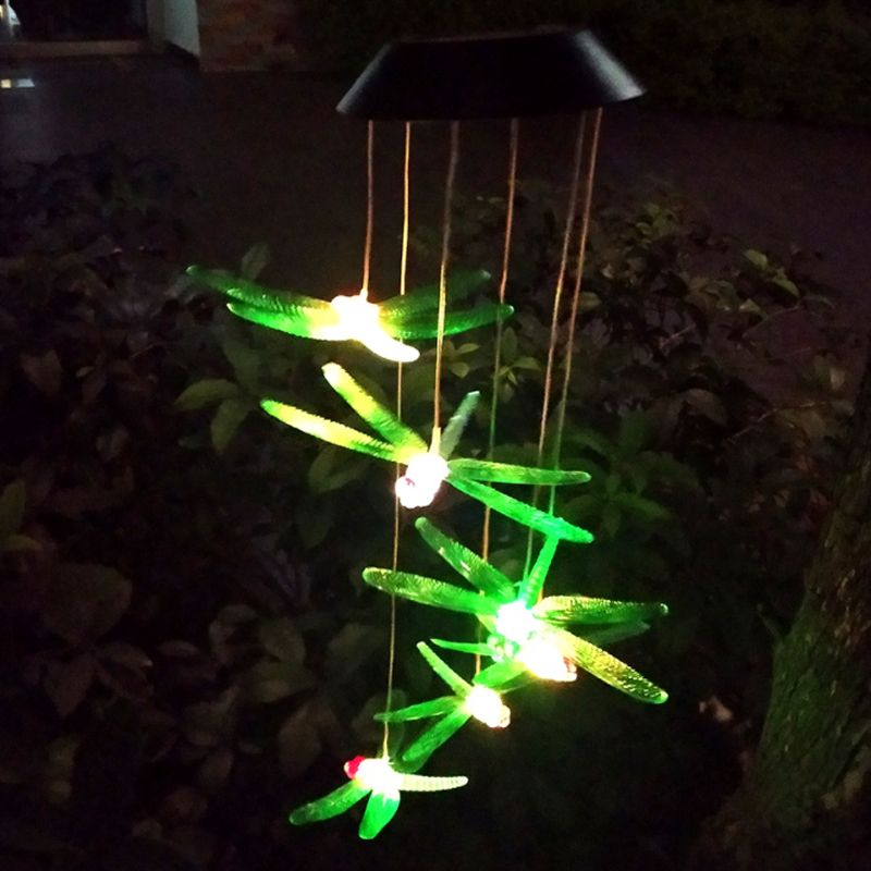 Decorative Dragonfly Ceiling Light Plastic Outdoor Solar Powered LED Pendant in Green, 2 Packs