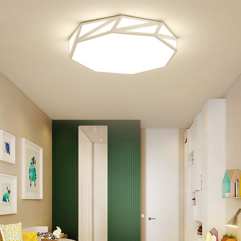 Modern Faceted Drum Ceiling Flush Wooden Bedroom LED Flush Mount Fixture in White/3 Color Light with Acrylic Diffuser, 16"/19.5" W