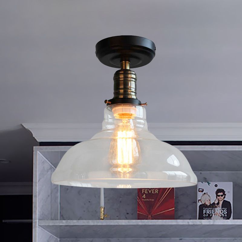 Black One Light Ceiling Lighting Industrial Clear Glass Barn Shade Semi Flush Light