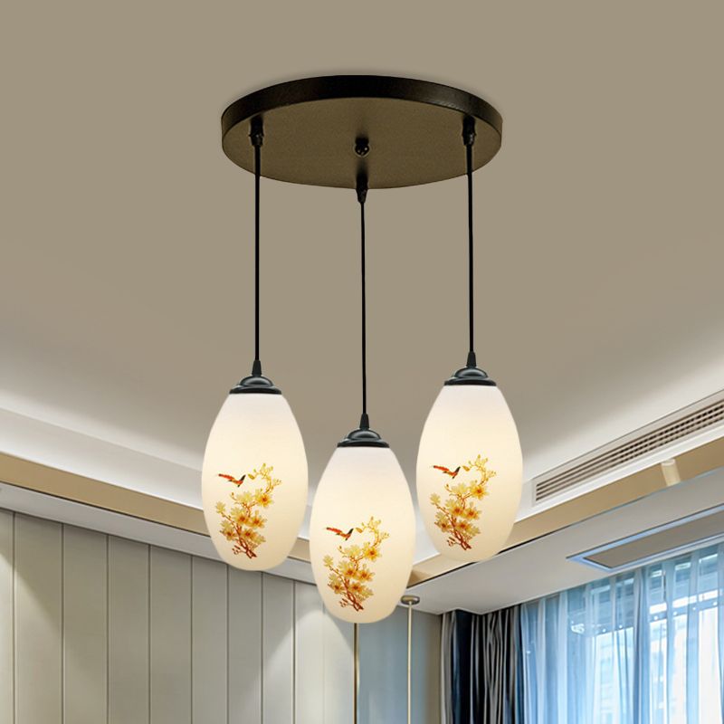 3 Bulbs Multiple Hanging Light Modern Oblong Frosted White Glass Linear/Round Canopy Pendulum Lamp with Flower Pattern