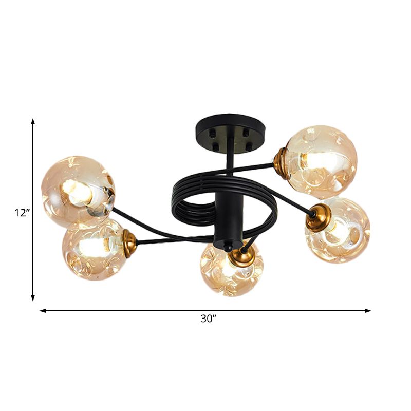 3/5 Lights Living Room Semi Flush with Ball Amber/Smoke Dimpled Blown Glass Shade Modernist Black Semi Flush Ceiling Light