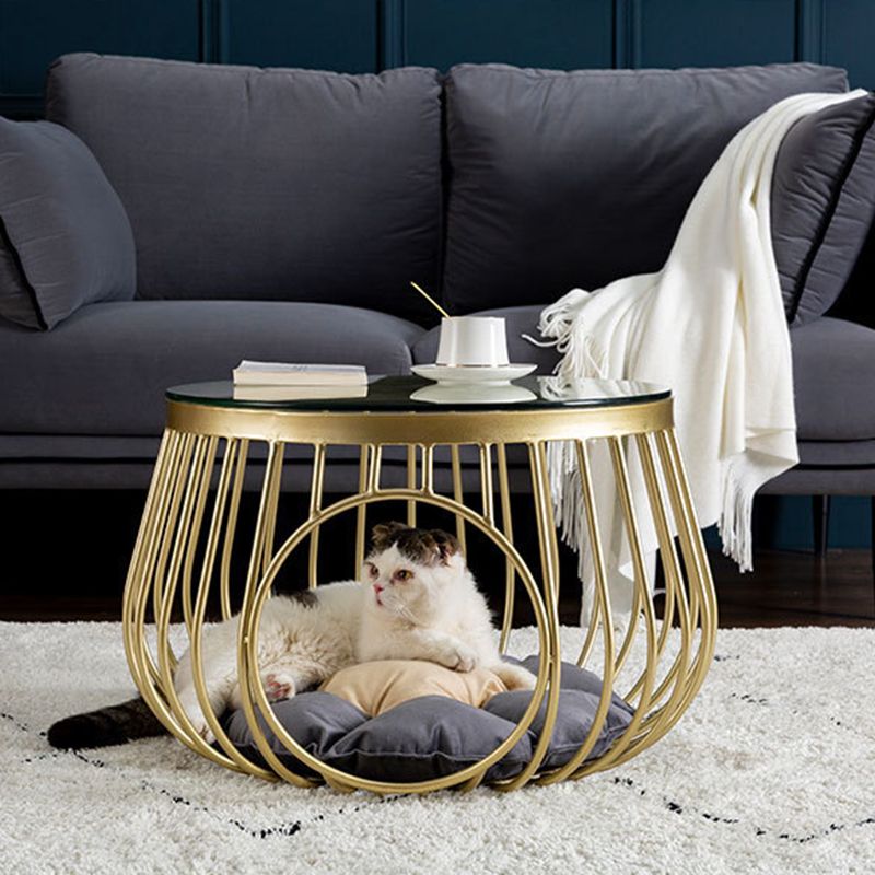 Glam Slate/Glass Top Coffee Table Dia 21.7" Frame Cocktail Table with Storage